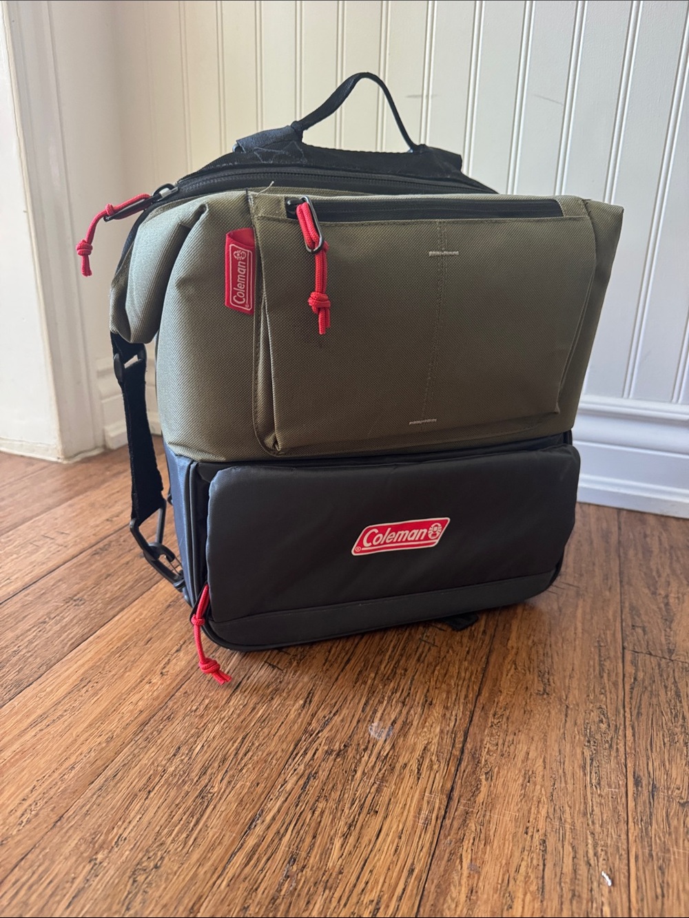 Coleman Olive Green and Black Cooler Backpack with Red Accents